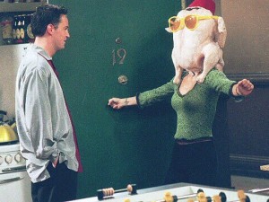Monica from Friends with a turkey on her head, Thanksgiving episode