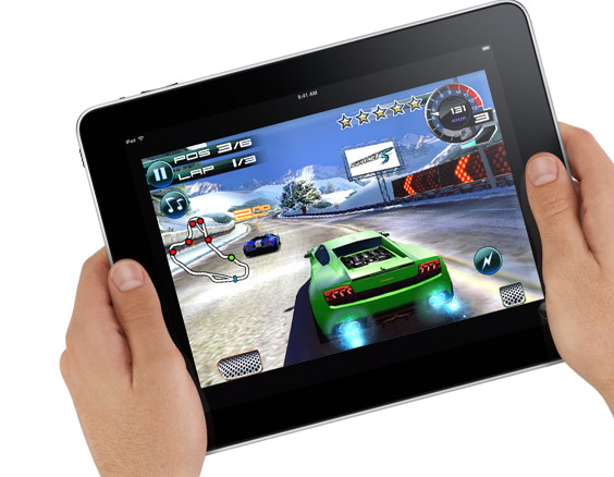 Promo shot of iPad racing game being played 