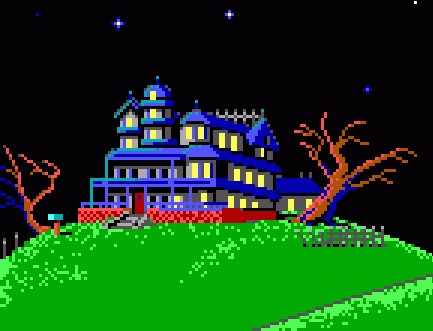 Maniac Mansion screen, featuring the mansion