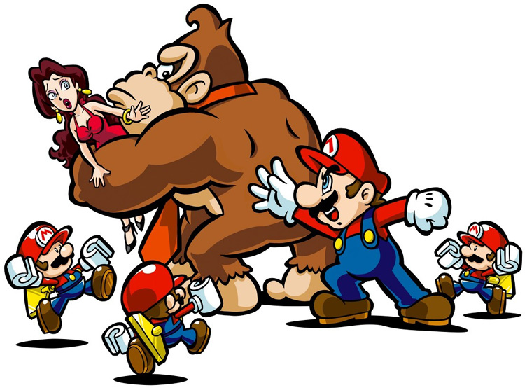Donkey Kong abducting Pauline, while Mario pursues, in Mario vs Donkey Kong