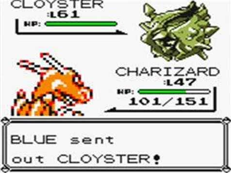Pokémon Yellow screen, battle between Cloyster and Charizard