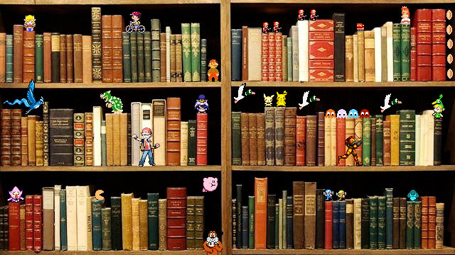 Video game characters on a book shelf collage