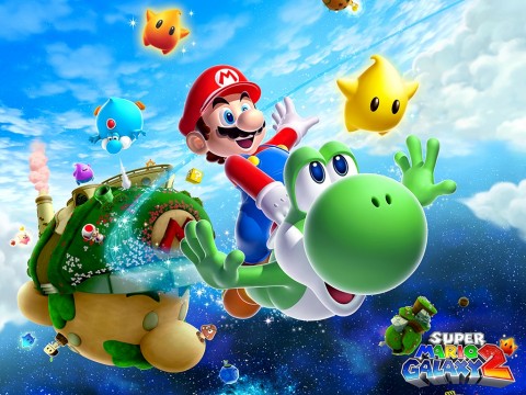 Super Mario Galaxy 2 artwork with Yoshi and Lumas