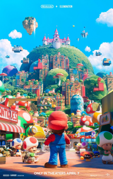 Super Mario stands amongst a cluster of Toads looking up at a castle sitting on a hilltop.