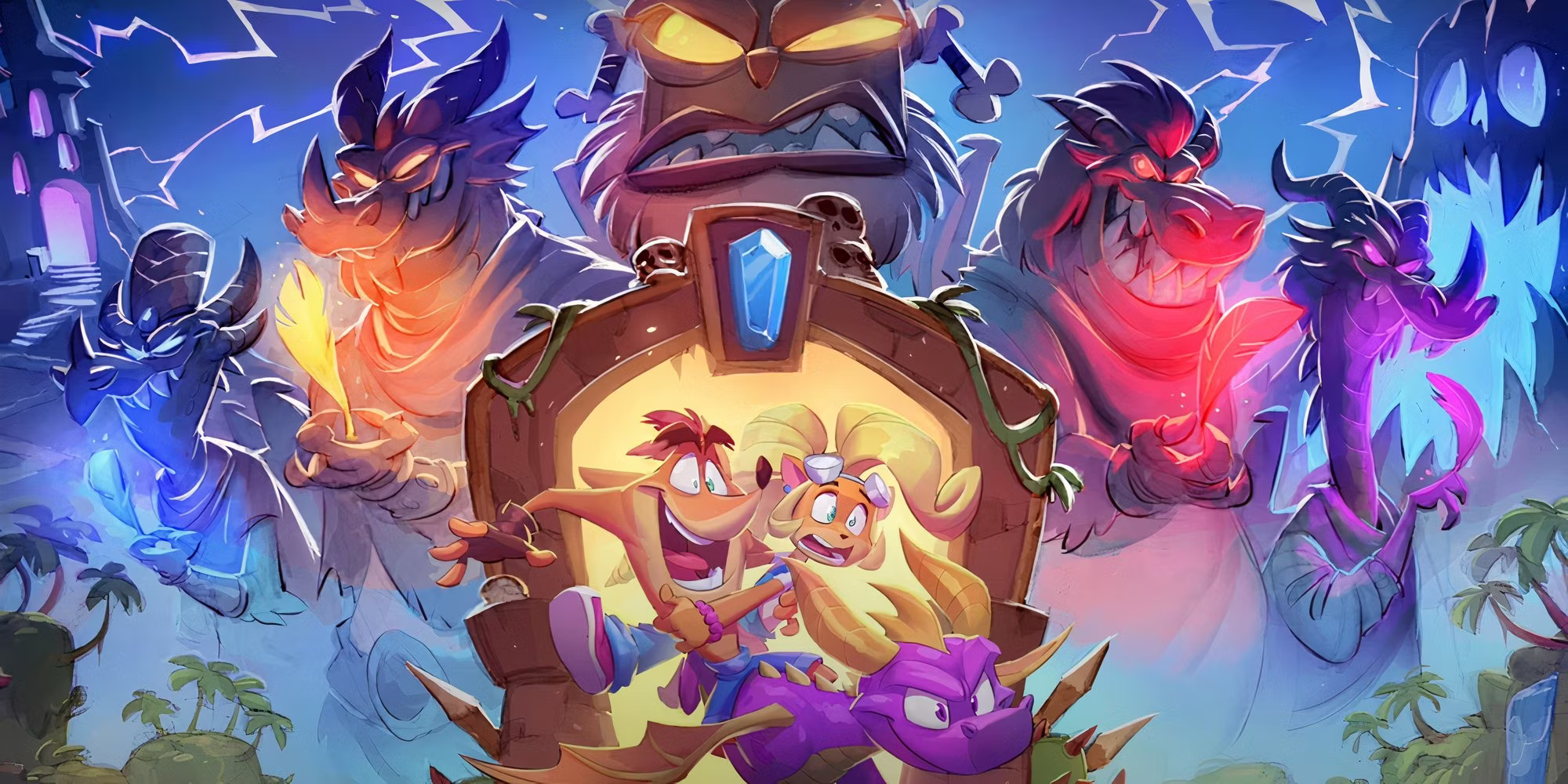 Concept Art for the cancelled Crash Bandicoot 5, featuring Uka-Uka and Spyro dragons, with Spyro and Crash appearing from a portal.