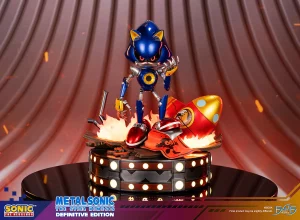 A statue of metal sonic from First 4 Figures. The statue depicts metal sonic standing menacingly atop rubble, reminiscent of Sonic the Hedgehog 4: Episode II.