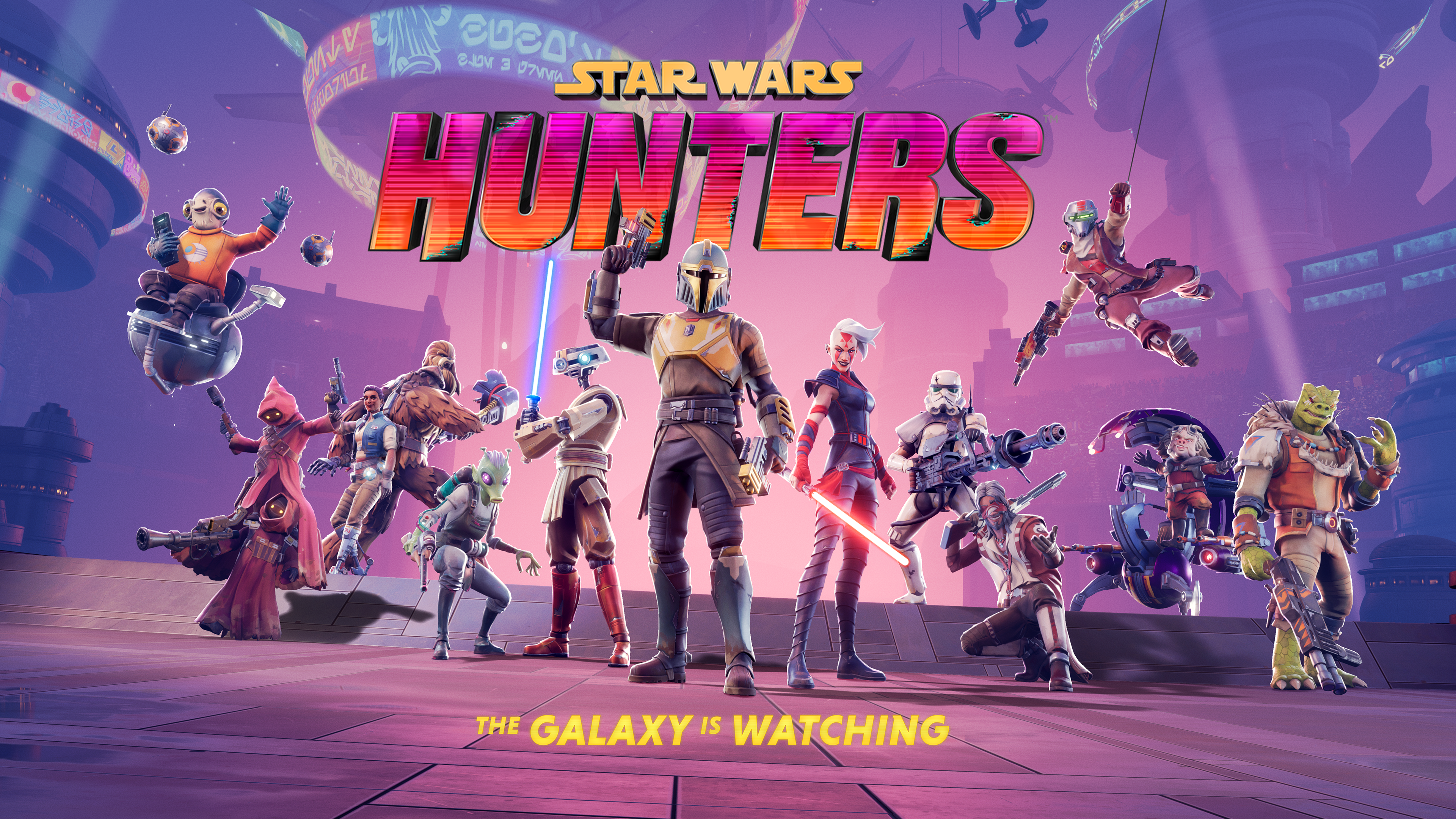 Key Art for the game Star Wars: Hunters, showing a lineup of Star Wars characters in a purple neon cityscape with the logo overhead.